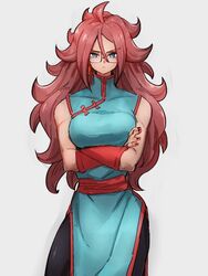  android_21 blue_dress blue_eyes breasts chi-chi_(dragon_ball) chi-chi_(dragon_ball)_(cosplay) china_dress chinese_clothes commentary_request cosplay crossed_arms dragon_ball dragon_ball_(classic) dragon_ball_fighterz dress earrings female glasses grey_background hair_between_eyes hoop_earrings jewelry kemachiku long_hair looking_at_viewer medium_breasts pantyhose red_hair simple_background solo 