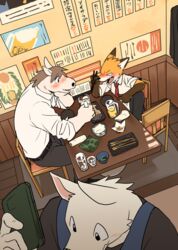  2019 alcohol anthro beer beverage blush canid canine canis domestic_dog duo_focus equid equine food fox group horse junior_horse male mammal manmosu_marimo red_fox restaurant senior_fox sitting true_fox white_canine_(marimo) 