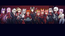  6+girls alternate_costume animal_ears atalanta_(fate) atalanta_alter_(fate) azazel_(helltaker) bb_(fate) bb_(fate/extra) beelzebub_(helltaker) black_gloves black_jacket black_pants black_shorts black_skirt blonde_hair blush bow breasts brown_hair burbur carmilla_(fate) cerberus_(helltaker) cigarette closed_mouth commentary cosplay demon_horns demon_tail english_commentary fate/grand_order fate_(series) formal fox_ears fujimaru_ritsuka_(female) glasses gloves green_eyes hair_ribbon halo hand_on_own_hip helltaker helltaker_(character) highres horns jacket jacket_on_shoulders jacket_over_shoulder jeanne_d&#039;arc_alter_(avenger)_(fate) jeanne_d&#039;arc_alter_(fate) judgement_(helltaker) justice_(helltaker) kiyohime_(fate) large_breasts long_hair looking_at_viewer lucifer_(helltaker) malina_(helltaker) mash_kyrielight medusa_(fate) medusa_(rider)_(fate) modeus_(helltaker) multiple_girls necktie open_clothes open_jacket open_mouth orange_eyes pandemonica_(helltaker) pants pantyhose pink_hair purple_eyes purple_hair red_eyes red_shirt red_suit ribbon saint_quartz_(fate) semiramis_(fate) shirt short_hair short_sleeves shorts skirt smile standing suit tail tamamo_(fate) tamamo_cat_(fate) unworn_jacket very_long_hair white_hair white_pants white_shirt yellow_eyes zdrada_(helltaker) 