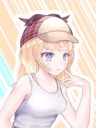  artist_request bangs blonde_hair blue_eyes breasts closed_mouth deerstalker eyebrows_visible_through_hair female hair_ornament hat highres hololive hololive_english monocle_hair_ornament shirt source_request virtual_youtuber watson_amelia white_shirt 