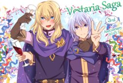  2boys anniversary b_b_suke blonde_hair blue_eyes blush cape commentary_request copyright_name cup cyltan drinking_glass gem gloves grey_hair long_hair multiple_boys open_mouth purple_eyes sparkle vestaria_saga wine_glass zaid_(tear_ring_saga) 