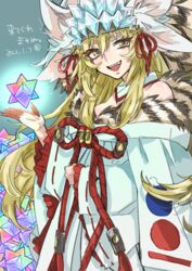  animal_ear_fluff animal_ears bare_shoulders blonde_hair blush breasts cleavage detached_collar extra_ears fate/grand_order fate_(series) female fox_ears fox_girl fox_tail fur_collar hair_between_eyes headpiece japanese_clothes kimono koyanskaya_(fate) koyanskaya_(lostbelt_beast:iv)_(fate) large_breasts long_hair long_sleeves looking_at_viewer multiple_animal_ears off_shoulder open_mouth rope saint_quartz_(fate) sash sidelocks smile solo tail tamamo_(fate) tekuteku_aruko very_long_hair white_kimono wide_sleeves yellow_eyes 