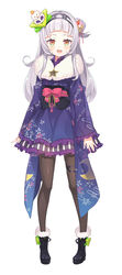  absurdres arched_bangs blush boots commentary_request female full_body grey_hair hair_bun hair_ornament hairband headband highres hololive japanese_clothes kimono long_hair long_sleeves looking_at_viewer murasaki_shion murasaki_shion_(new_year) official_alternate_costume official_art open_mouth pantyhose simple_background single_hair_bun single_side_bun solo standing tachi-e tam-u virtual_youtuber white_background yellow_eyes 