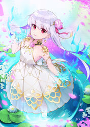  absurdres alternate_costume armlet bare_shoulders blue_fire blue_hair blush bracelet breasts circlet collar collarbone colored_inner_hair dress earrings falling_petals fate/grand_order fate/grand_order_arcade fate_(series) female fire flower gold_trim gradient_hair hair_flower hair_ornament hair_ribbon highres jewelry kama_(fate) kama_(mistake)_(fate) lily_pad long_hair looking_at_viewer lotus metal_collar multicolored_hair petals pink_flower pink_petals pyrokinesis red_eyes ribbon ripples small_breasts smile solo sparkle two-tone_hair wading water water_lily_flower white_dress white_flower white_hair white_petals yuniyuni 