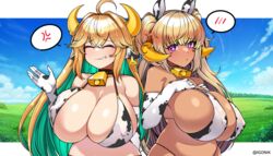  2girls absurdres animal_ears animal_print bell blonde_hair breasts covered_nipples cow_ears cow_girl cow_print cowbell dark-skinned_female dark_elf dark_elven_forest_ranger dark_skin ear_tag elbow_gloves elf elven_forest_maker gloves highres horns huge_breasts igonik last_origin long_hair looking_at_viewer multiple_girls neck_bell official_alternate_costume pointy_ears twitter_username two_side_up 