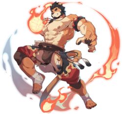  1boy abs alca_(wakatanka4) alca_the_lion animal_ears bad_source bara beard black_hair briefs brown_male_underwear bulge chest_hair clothing_cutout crotchless crotchless_pants facial_hair flame-tipped_tail flaming_hand full_body furrification furry furry_male gyee highres jewelry large_pectorals lion_boy lion_ears male_focus male_underwear manly mature_male muscular muscular_male navel navel_hair necklace nipples official_art pants pectorals red_eyes short_hair solo stomach tail thick_eyebrows thick_thighs thigh_cutout thighs topless_male transparent_background underwear zixiong_zix 