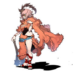  axe axehorn_(ssambatea) barefoot belt belt_pouch black_leotard blue_belt female full_body hand_up highres holding holding_weapon horns leotard original pelt pink_hair pointy_ears pouch ringed_eyes short_hair simple_background solo ssambatea standing toenails waist_cape weapon white_background yellow_eyes 