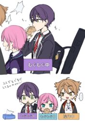  ... 2boys bad_id bad_pixiv_id bandaged_hand bandages black_jacket blazer blue_eyes brown_eyes brown_hair chibi closed_mouth collared_shirt commentary_request cropped_torso duplicate earrings eating female food fushimi_gaku fushimi_gaku_(1st_costume) green_eyes grey_sweater hair_between_eyes holding holding_food jacket jewelry kenmochi_touya kenmochi_touya_(1st_costume) long_sleeves magatama magatama_necklace multiple_boys necklace necktie nijisanji open_clothes open_jacket open_mouth pink_hair pixel-perfect_duplicate plaid_neckwear purple_hair purple_jacket red_necktie shirt short_hair sleeves_past_wrists spoken_ellipsis sweater tissue_box translation_request v-shaped_eyebrows virtual_youtuber white_background white_shirt yamabukiiro yuuhi_riri yuuhi_riri_(1st_costume) 