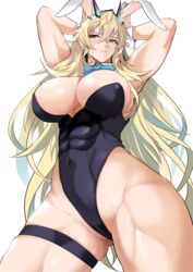  animal_ears armpits arms_behind_head arms_up bare_shoulders barghest_(fate) biceps black_leotard blonde_hair bow bowtie breasts cleavage covered_abs covered_navel detached_collar fake_animal_ears fate/grand_order fate_(series) female green_eyes heterochromia highleg highleg_leotard highres horns kawabata_yoshihiro large_breasts leotard long_hair looking_at_viewer muscular muscular_female playboy_bunny rabbit_ears red_eyes solo thick_thighs thigh_strap thighs very_long_hair wrist_cuffs 