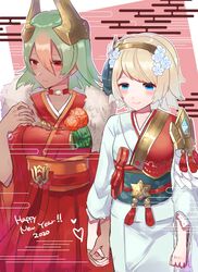  2020 2girls blonde_hair blue_eyes closed_mouth commentary_request couple dark-skinned_female dark_skin fire_emblem fire_emblem_heroes fjorm_(fire_emblem) fjorm_(new_year)_(fire_emblem) flower gradient_hair green_hair hair_flower hair_ornament hairband happy_new_year highres holding_hands horns japanese_clothes kimono laegjarn_(fire_emblem) laegjarn_(new_year)_(fire_emblem) long_sleeves multicolored_hair multiple_girls new_year obi orange_hair red_eyes sakuramotikun sash short_hair smile yuri 