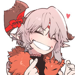  axe axehorn_(ssambatea) blush bow closed_eyes commentary english_commentary facial_tattoo female fingernails grey_hair hands_up head_tilt highres horns original pelt pointy_ears red_bow short_hair simple_background smile solo ssambatea tattoo white_background 