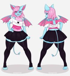  absurd_res bat black_bottomwear black_clothing black_skirt blue_body bottomwear clothed clothing femboy graveyardcat hair hand_on_hip heart_symbol hi_res male mammal pink_eyes pink_hair pose rear_view skirt solo spade_tail tail tail_over_skirt terry_bat wings 