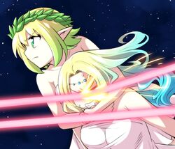  2girls ancient_greek_clothes aqua_hair bare_shoulders commentary dragon_gundam dress g-forest_goddess_(ishiyumi) g-spring_goddess_(ishiyumi) g_gundam gradient_hair greco-roman_clothes green_hair gundam gundam_rose headlock highres ishiyumi laurel_crown long_hair multicolored_hair multiple_girls original peplos platinum_blonde_hair pointy_ears roman_clothes scene_reference short_hair space strapless strapless_dress tiara tiger_mask_(series) wavy_hair 