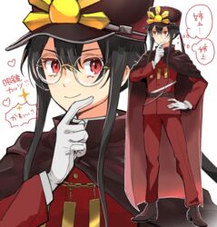  1boy belt black_cape black_hair black_headwear brown_footwear buttons cape crest family_crest fate/grand_order fate_(series) fiery_hair full_body glasses gloves hat jacket jewelry koha-ace long_hair long_sleeves looking_at_viewer multiple_views necklace oda_nobukatsu_(fate) oda_uri pants peaked_cap ponytail red_eyes red_jacket red_pants sidelocks smile tekuteku_aruko thought_bubble translation_request very_long_hair white_gloves 