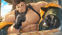  1boy abs bara bare_pectorals bare_shoulders beard blue_eyes brown_hair dark-skinned_male dark_skin duran_(gyee) eyebrow_cut facial_hair gomtang gyee highres jacket large_pectorals male_focus map mature_male muscular muscular_male nipples off_shoulder official_art open_clothes open_jacket pectorals short_hair solo stomach stroking_beard suspenders undercut unzipped upper_body veins 