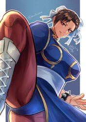  absurdres blue_background blue_dress boots border bracelet breasts brown_eyes brown_hair bun_cover china_dress chinese_clothes chun-li cowboy_shot cross-laced_footwear dated double_bun dress earrings female hair_bun hair_pulled_back highres jewelry kageru_(mofnyan) lips medium_breasts muscular muscular_female pantyhose pelvic_curtain puffy_short_sleeves puffy_sleeves sash short_sleeves side_slit signature solo spiked_bracelet spikes standing standing_on_one_leg street_fighter street_fighter_ii_(series) twitter_username white_border white_footwear 