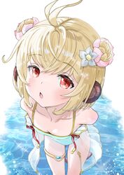  andira_(granblue_fantasy) andira_(summer)_(granblue_fantasy) animal_ears antenna_hair arms_behind_back bare_shoulders blonde_hair blush breasts casual_one-piece_swimsuit cleavage collarbone double_bun downblouse erune female from_above granblue_fantasy hair_bun highres looking_at_viewer mezurashiiaji monkey_ears monkey_girl monkey_tail official_alternate_costume one-piece_swimsuit open_mouth red_eyes short_hair small_breasts solo standing swimsuit tail thigh_strap water 