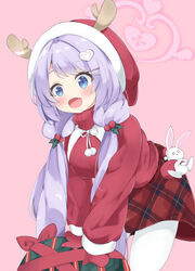  :d absurdres blue_archive blue_eyes blush breasts cropped_legs fake_antlers female fur-trimmed_headwear fur-trimmed_sleeves fur_trim gift hair_ornament hairclip halo hanae_(blue_archive) hanae_(christmas)_(blue_archive) hat heart heart_hair_ornament highres holly_hair_ornament kero-san_(kerosan63) large_breasts leaning_forward long_hair long_sleeves low_twintails mittens oerba_yun_fang open_mouth pantyhose pink_background plaid plaid_skirt pom_pom_(clothes) purple_hair red_hat red_mittens red_skirt red_sweater ribbed_sweater sack simple_background skin_fang skirt smile solo stuffed_animal stuffed_toy sweater turtleneck turtleneck_sweater twintails white_pantyhose 