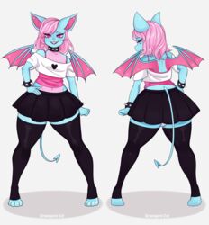  absurd_res bat black_bottomwear black_clothing black_skirt blue_body bottomwear bracelet clothed clothing femboy graveyardcat hair hand_on_hip heart_symbol hi_res jewelry male mammal pink_eyes pink_hair pose rear_view skirt solo spade_tail tail tail_over_skirt terry_bat wings 