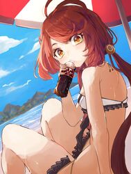  antenna_hair arm_rest azur_lane beach beach_umbrella bikini bird black_bikini blue_sky bottle cloud coca-cola commission female frilled_bikini frills highres holding holding_bottle jersey_(azur_lane) knees_up long_hair looking_at_viewer low_twintails nyucha ocean outdoors red_hair seagull sitting sky soda soda_bottle solo swept_bangs swimsuit twintails umbrella water 