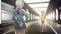  2girls blonde_hair blue_eyes blue_hair commentary envelope from_behind glasses hallway heart highres indoors looking_at_another looking_back multiple_girls okuto original photoshop_(medium) ponytail science_fiction short_hair standing uniform 