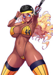  :d alternate_skin_color armpits ass_visible_through_thighs bad_id bad_twitter_id baseball_bat baseball_helmet bikini blonde_hair blue_eyes breasts commentary_request cowboy_shot dark-skinned_female dark_skin eye_black facial_mark female flipped_hair foreshortening gloves hair_between_eyes helmet highleg highleg_bikini highres holding holding_baseball_bat huge_breasts legs_apart long_hair looking_at_viewer messy_hair navel open_mouth outstretched_arm rakko_(r2) sandy_bash shiny_skin simple_background single_glove skindentation smile solo standing suketto_sanjou! swimsuit tareme thighhighs thong thong_bikini white_background wristband yellow_bikini yellow_thighhighs 