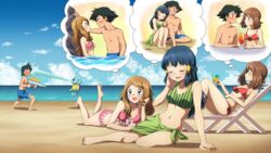  1boy 3girls bare_arms barefoot beach bikini blood blue_eyes blue_hair blush breasts brown_hair cleavage closed_eyes closed_mouth cloud commentary commission cup dawn_(pokemon) day green_sarong hair_ornament hairclip highres holding holding_cup imagining kabedon liquid long_hair lying male_swimwear may_(pokemon) multiple_girls navel nosebleed on_back on_stomach open_mouth outdoors pixiv_commission pokemon pokemon_(anime) pokemon_(creature) pokemon_dppt_(anime) pokemon_rse_(anime) pokemon_xy_(anime) sand sarong satoshi_(pokemon) serena_(pokemon) sky smile squirtle suitenan swim_trunks swimsuit thought_bubble toes tongue topless_male water water_gun 