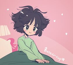  alphabet_(alphabetnoon) black_hair blush buttercup_(ppg) buttercup_redraw_challenge_(meme) character_name derivative_work female green_eyes green_pajamas highres lamp long_sleeves looking_at_viewer meme messy_hair pajamas pillow pink_background powerpuff_girls screenshot_redraw smile solo sparkle under_covers 