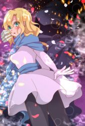  akkord_(tear_ring_saga) b_b_suke blonde_hair blush cape commentary_request female gloves green_eyes hood long_hair open_mouth pantyhose petals solo sparkle vestaria_saga 