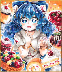  +_+ arms_up bangle blue_eyes blue_hair blueberry blush bracelet cake cherry chocolate_syrup commentary cupcake drawstring female finger_to_own_chin food fruit fruit_tart grey_hoodie hair_between_eyes hair_ribbon highres hood hood_down hoodie ice_cream jewelry long_hair looking_at_viewer maa_(forsythia1729) marker_(medium) open_mouth orange_background photoshop_(medium) pudding raspberry ribbon shikishi short_sleeves shortcake solo sparkle strawberry swiss_roll tart_(food) touhou traditional_media very_long_hair whipped_cream yorigami_shion 