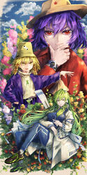  3girls absurdres adapted_costume alternate_costume animal_print belt blonde_hair blue_hair blue_pants contemporary flower frog_hair_ornament frog_print gohei green_eyes green_hair hair_ornament hair_tubes hat highres hood hoodie jacket jichou_senshi kochiya_sanae moriya_suwako multiple_girls pants purple_jacket purple_nails purple_shirt red_eyes red_jacket red_nails red_ribbon ribbon shirt shoes sidelocks snake_hair_ornament sneakers socks touhou watch white_jacket yasaka_kanako yellow_eyes 