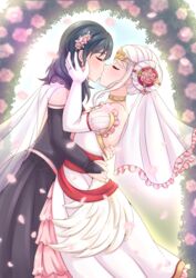  2girls absurdres arch black_dress blue_hair blush bridal_veil bride byleth_(fire_emblem) byleth_(fire_emblem)_(female) choker closed_eyes diadem dress edelgard_von_hresvelg elbow_gloves english_commentary fire_emblem fire_emblem:_three_houses flower gloves hair_flower hair_ornament hair_rings hand_on_another&#039;s_face highres hug jewelry kissing lewdlilies medium_hair multiple_girls outdoors petals ring veil wedding wedding_band wedding_dress white_hair wife_and_wife yuri 