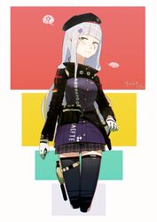  ? absurdres beret black_hat black_thighhighs blue_background blunt_bangs blush breasts buttons closed_mouth collar commentary_request cropped_legs cross facial_mark female german_flag german_text germany girls&#039;_frontline gloves green_eyes grey_hair grey_skirt gun h&amp;k_usp hair_ornament hair_over_shoulder handgun hat highres hk416_(girls&#039;_frontline) holster holstered jacket knife long_hair looking_at_viewer medium_breasts military_jacket multicolored_background plaid plaid_skirt red_background sheath sheathed simple_background skirt solo spoken_blush spoken_question_mark standing strap suppressor teardrop thigh_strap thighhighs very_long_hair weapon white_gloves yellow_background yoni_(zhang) zettai_ryouiki 