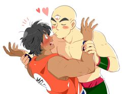  2boys bad_id bad_twitter_id bald bara bare_shoulders black_hair blush commentary couple dragon_ball dragon_ball_z english_commentary heart imminent_kiss large_pectorals male_focus moosopp multiple_boys muscular muscular_male pectorals short_hair simple_background sleeveless tenshinhan thick_eyebrows third_eye topless_male upper_body yamcha yaoi 