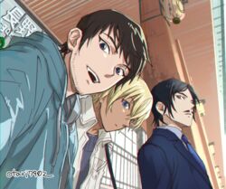  3boys :d amuro_tooru black_hair black_jacket black_sweater blonde_hair blue_eyes blue_necktie brothers brown_hair casual closed_mouth collared_shirt commentary_request dark-skinned_male dark_skin drawstring facial_hair formal from_below green_hoodie grey_jacket grey_shirt hair_between_eyes hood hood_down hoodie indesign jacket long_sleeves looking_at_viewer male_focus meitantei_conan morofushi_takaaki moustache multiple_boys necktie open_mouth parted_lips scotch_(meitantei_conan) shirt short_hair siblings sideways_glance signature smile stubble suit sweater teeth upper_body upper_teeth_only 