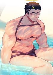  1boy abs alternate_costume bara black_hair blush bulge facial_hair feet_out_of_frame fire glasses halo hozu_(hozumi) large_pectorals male_focus male_swimwear muscular muscular_male navel nipples pectorals short_hair solo stubble swim_briefs thick_thighs thighs tokyo_afterschool_summoners topless_male underbust water wet yellow_eyes zabaniyya_(fashionista_swimsuit)_(housamo) zabaniyya_(housamo) 