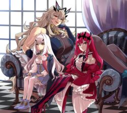  3girls baobhan_sith_(fate) baobhan_sith_(first_ascension)_(fate) bare_shoulders barghest_(fate) barghest_(second_ascension)_(fate) black_dress black_gloves blonde_hair blue_dress boots breasts brown_eyes brown_pantyhose cape center_frills couch detached_collar detached_sleeves dress elbow_gloves fate/grand_order fate_(series) flower forked_eyebrows frills gloves green_eyes grey_eyes heterochromia highres horns huge_breasts large_breasts long_hair long_sleeves looking_at_viewer melusine_(fate) melusine_(second_ascension)_(fate) multiple_girls open_mouth pantyhose pink_hair platform_footwear pointy_ears red_dress red_eyes red_footwear sidelocks sitting small_breasts smile tekuteku_aruko thigh_boots thighhighs thighs tiara white_hair white_thighhighs 