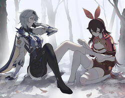  1097015958 2girls absurdres amber_(genshin_impact) bandaged_ankle bandaged_leg bandages black_thighhighs blue_eyes blue_necktie blush breasts brown_hair cape cleavage closed_eyes covering_own_mouth eula_(genshin_impact) feet first_aid forest full_body genshin_impact gloves goggles hairband highres injury jacket leaf long_sleeves multiple_girls nature necktie pouch red_jacket shorts single_thighhigh sprain thighhighs tree water white_thighhighs 