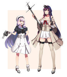  2girls absurdres blue_sailor_collar blunt_bangs braid commentary_request corset cosplay crown dress flower full_body gloves grey_hair hair_ribbon half_up_braid hat hie_(hiememiko) hiememiko highres jervis_(kancolle) jervis_(kancolle)_(cosplay) kantai_collection long_hair long_sleeves mary_janes mini_crown multiple_girls murakumo_(kancolle) off-shoulder_dress off_shoulder orange_eyes original photoshop_(medium) purple_eyes purple_hair red_flower red_ribbon red_rose ribbon rose sailor_collar sailor_dress sailor_hat shoes short_eyebrows sidelocks standing thighhighs tress_ribbon warspite_(kancolle) warspite_(kancolle)_(cosplay) white_dress white_gloves white_headwear white_legwear 