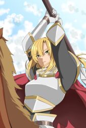  1boy absurdres armor b_b_suke blonde_hair cape cloud commentary_request day gloves green_eyes highres horse horseback_riding long_hair low_ponytail male_focus polearm riding sky solo spear troy_(tear_ring_saga) vestaria_saga weapon 