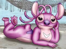  2019 4:3 4_toes alien angel_(lilo_and_stitch) antennae_(anatomy) arm_support back_markings beach bedroom_eyes black_eyes chest_markings claws disney experiment_(lilo_and_stitch) eyelashes feet gamemaniac hammock hi_res lilo_and_stitch looking_at_viewer lying markings multicolored_antennae narrowed_eyes on_front pawpads purple_claws purple_markings purple_nose purple_pawpads seaside seductive small_tail smile solo tail toes two_tone_antennae watermark white_markings 