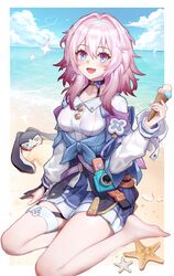  @_@ barefoot beach blue_eyes blue_skirt blue_sky blush breasts camera cloud commentary_request day feet female fingerless_gloves food gloves hair_between_eyes highres holding holding_food holding_ice_cream honkai:_star_rail honkai_(series) ice_cream jacket long_hair long_sleeves looking_at_viewer march_7th_(honkai:_star_rail) march_7th_(preservation)_(honkai:_star_rail) md5_mismatch medium_breasts multicolored_eyes open_mouth outdoors partial_commentary pink_hair pom-pom_(honkai:_star_rail) purple_eyes revision sand shirt single_fingerless_glove sitting skirt sky smile sparkle starfish tied_jacket wangzili_shitoumen water white_shirt 