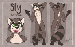  16:10 2020 3_toes 5_fingers absurd_res anthro blakefox character_name feet fingers fur green_eyes grey_body grey_fur hand_behind_head hi_res male mammal model_sheet pawpads procyonid raccoon red_pawpads red_tongue signature sly_the_raccoon smaller_version_at_source solo toes tongue trash trash_can whiskers widescreen 