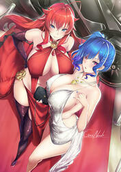  2girls ahoge alternate_costume azur_lane backless_dress backless_outfit bag bare_shoulders blue_eyes blue_hair blue_nails breasts car center_opening cleavage cocktail_dress covered_nipples criss-cross_halter crossed_bangs crossover dress earrings elbow_gloves english_commentary evening_gown foreshortening from_above gainoob gem gloves hair_between_eyes hair_ornament hairclip halter_dress halterneck handbag high_school_dxd highres hikasa_youko huge_breasts jewelry long_hair looking_at_viewer looking_up mclaren mclaren_p1 motor_vehicle multiple_girls nail_polish no_bra official_alternate_costume pink_eyes plunging_neckline purple_gloves red_carpet red_dress red_gemstone red_hair revealing_clothes rias_gremory side_ponytail sideboob sidelocks signature silver_dress sleeveless sleeveless_dress sports_car st._louis_(azur_lane) st._louis_(luxurious_wheels)_(azur_lane) thighs voice_actor_connection 