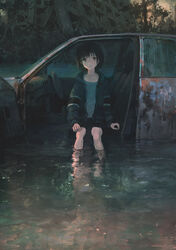  arm_on_knee arm_support bare_legs black_eyes black_hair car commentary_request empty_eyes expressionless female highres hood hoodie long_sleeves looking_at_viewer motor_vehicle open_clothes open_hoodie original outdoors post-apocalypse reflection ruins rust scenery short_hair shorts sitting soaking_feet solo tokunaga_akimasa water wreckage 