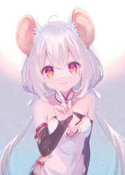  :3 ahoge animal_ear_fluff animal_ears bare_shoulders breasts commentary detached_sleeves dress female hair_between_eyes hair_ribbon highres index_finger_raised kusumoto_shizuru long_hair looking_at_viewer low_twintails medium_breasts mouse_ears original red_eyes ribbon side_slit simple_background smile solo strapless strapless_dress twintails upper_body white_background white_dress white_hair white_ribbon 