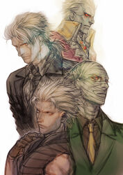  1boy alternate_costume bandage_on_face bandages black_suit blue_eyes brown_gloves closed_mouth colored_sclera crack cracked_skin dark_persona devil_may_cry_(series) devil_may_cry_3 et.m fingerless_gloves formal gem gilver gloves glowing glowing_eyes green_suit grey_necktie hair_slicked_back male_focus necktie nelo_angelo pale_skin photoshop_(medium) ponytail red_eyes red_sclera simple_background solo suit upper_body vergil_(devil_may_cry) white_background white_hair yellow_necktie 