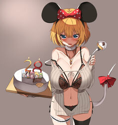  absurdres animal_ears birthday blonde_hair blue_eyes blush bra breasts cake choker cleavage female food griffon_(last_origin) hair_ribbon happy_birthday highres jewelry large_breasts last_origin looking_back mouse_ears navel necklace panties ribbed_sweater ribbon short_hair side-tie_panties single_thighhigh solo sweater tail tail_ornament tail_ribbon thigh_strap thighhighs underwear yume_no_hana_(sbac0019) 