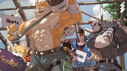  abs animal armpits bag bandaged_arm bandages bara beard beenic bell biceps black_fur black_hair blush bone box bulge cannye_(gyee) chang_(gyee) cloud cloudy_sky coin day ear_piercing earrings facial_hair feet_out_of_frame fingerless_gloves flag gloves goggles gold grey_fur gyee headband headphones highres hood hooded_jacket hoodie jacket jewelry large_pectorals leather leather_belt lee_(gyee) legband looking_to_the_side male_focus manly mature_male multicolored_fur multiple_boys muscular muscular_male nipples open_mouth orange_fur outdoors pants pectorals piercing rainbow_flag shirt shopping shopping_cart short_hair sign sky smile smirk spiked_hair t-shirt teeth text_focus thick_arms thick_eyebrows tight_clothes tongue tooboshoo topless_male undersized_animal wheel white_fur wood yellow_eyes 