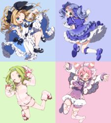  4girls :d ;) ;d ahoge apron aqua_eyes bear_hair_ornament black_bow black_footwear black_ribbon blonde_hair blue_background blue_bow blue_dress blue_eyes blue_footwear blue_hair blush bobby_socks bow claw_pose closed_mouth crescent drawstring dress facial_mark fingernails forehead frilled_dress frills from_behind gloves green_background green_eyes green_hair hair_ornament hair_ribbon hairbow hand_up hands_up hat hood hood_down hooded_jacket jacket kneehighs knees_up long_hair long_sleeves looking_at_viewer looking_back maid_apron mary_janes mononobe_alice mononobe_alice_(1st_costume) morinaka_kazaki multiple_girls nijisanji no_shoes one_eye_closed open_mouth outstretched_arm outstretched_arms parted_bangs pink_background pink_hair pink_headwear pink_jacket pink_shorts puffy_short_sleeves puffy_shorts puffy_sleeves red_eyes ribbon shirt shoe_soles shoes short_shorts short_sleeves shorts sleeves_past_wrists smile socks star_(symbol) striped_clothes striped_jacket thighhighs twintails ushimi_ichigo ushimi_ichigo_(1st_costume) v-shaped_eyebrows very_long_hair virtual_youtuber white_apron white_bow white_gloves white_legwear white_shirt white_shorts yamabukiiro yuuki_chihiro 